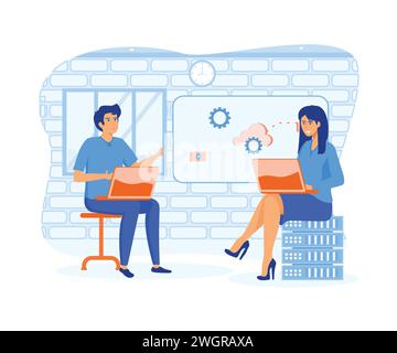 Cloud computing concept. Man and woman processing information at laptops using cloud technology, data storage and backup. flat vector modern illustrat Stock Vector