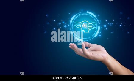 Human hand holding the Artificial Intelligence Automation, Ai technology, artificial intelligence by enter command prompt for generates something, Fut Stock Photo