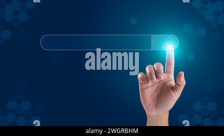 Hand of man touching search bar, searching browsing Internet data information networking concept with copy space. Stock Photo