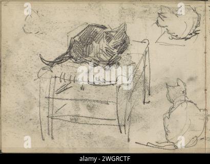 Cats and a cat head, 1879 - c. 1884  The cats were signed from various views. One study by a cat on a stool. Page 36 from a sketchbook with 28 magazines.  paper. chalk  cat. stool Stock Photo