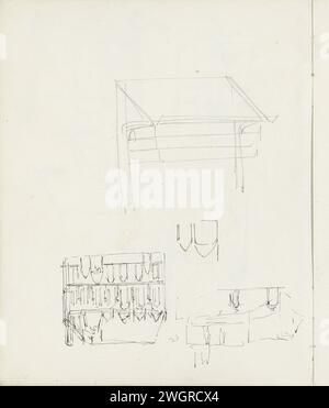 Exterior of a church and a design for a piece of furniture, c. 1900  Possibly a cupboard or table. Also studies of church windows. Leaf 3 Verso from a sketchbook with 15 sheets.  paper. ink. pencil pen furniture and household effects. church (exterior) Stock Photo