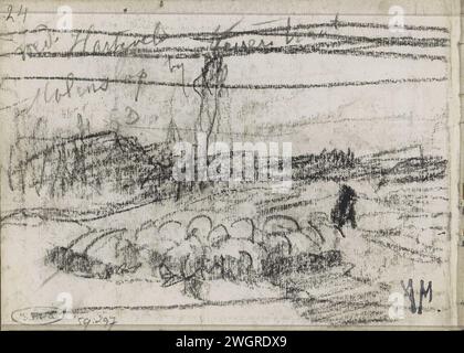 Shepherd with a herd of sheep in a landscape, 1848 - 1888  Front bract from a sketchbook with 31 sheets.  paper. chalk  sheep. herding, herdsman, herdswoman, shepherd, shepherdess, cowherd, etc. Stock Photo