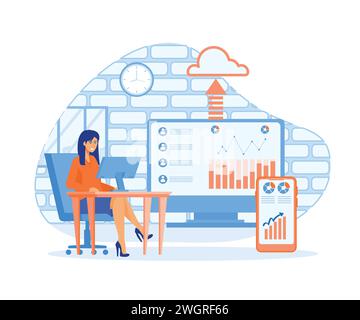 Business technology cloud computing service concept and with developer team working on dashboard monitor concept. flat vector modern illustration Stock Vector