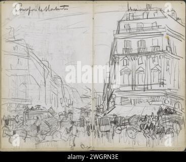 Traffic on the Carrefour de Montmartre, Paris, 1891  Horse trams and horse and cars run at the intersection. Pages 46 and 47 from a sketchbook with 35 sheets. Paris paper. chalk  street (+ city(-scape) with figures, staffage). diligence, omnibus, horse-tram. four-wheeled, animal-drawn vehicle, e.g.: cab, carriage, coach Montmartre Stock Photo