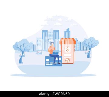 Man pay via online transfer. Cash and electronic payments. flat vector modern illustration Stock Vector