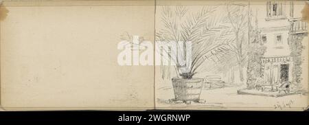 Terrace for a house on a street corner, 1919 - 1921  On the street is a palm in a planter. Page 16 Verso and 17 recto from a sketchbook with 42 sheets.  paper. chalk  street (+ city(-scape) with figures, staffage). pavement, terrace in front of inn or restaurant. trees: palm-tree Stock Photo