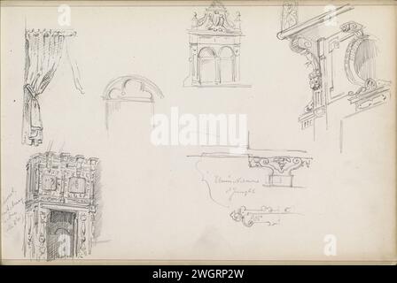 Chimney mantle of Castle Arnay-le-Duc in Côte-D'OR, 1866  Also studies of a curtain, window and a gable top. Leaf 41 Recto from a sketchbook with 58 sheets. Arnay-le-Duc (possibly) paper. pencil  chimney-piece, mantelpiece. architectural detail. curtains Arnay-le-Duc Stock Photo