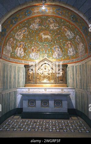 Mosaic of Agnus Dei the Lamb of God among the saints inside the Church of the Dormition abbey in mount Zion, Jerusalem, Israel Stock Photo