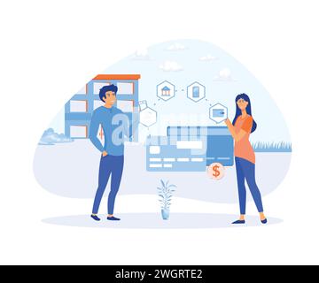 Mobile banking concept illustration of people standing near credit cards and using smart phones for online banking and accounting. flat vector modern Stock Vector