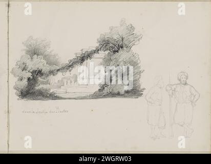 Building in the Jardin des Plantes in Paris, 1858  Also a study of two bearded men with puff pants and tulips. One of the men leans on a gun. Page 14 Recto from a sketchbook with 52 sheets. Paris paper. pencil  botanic garden, 'hortus botanicus'. standing figure. head-gear: turban (+ men's clothes) Garden of plants Stock Photo