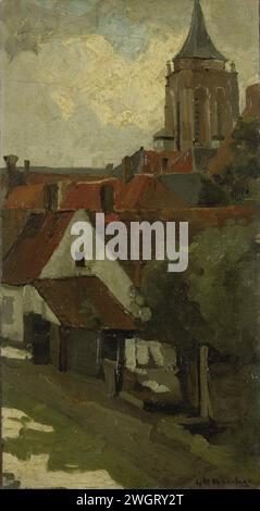 The Tower of Gorkum, George Hendrik Breitner, c. 1880 - c. 1908 painting The tower of Gorkum, right above the houses. Gorinchem panel. oil paint (paint)  public road Gorinchem Stock Photo