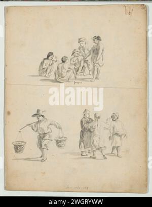 Study sheet with boys, men in conversation and a man with a yoke, c. 1660  The group of boys is wearing lumbar cloths. One of them smokes a pipe. Also a study of three men in conversation. A fourth man, who wears two baskets on a yoke, walks away from them. Page 1 recto of a section of 10 sheets from a sketchbook. China paper. ink. pencil brush Asiatic races and peoples (INDONESIANS). Asiatic races and peoples (with NAME). head (human). carrying something with yoke China. Indonesia Stock Photo