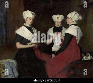 Three girls from the Amsterdam Burgerweeshuis, Thérèse Schwartze, 1885 painting Three girls from the Amsterdam Burgerweeshuis, one reads from a book while another listens and another is busy with adjustment. On the left a laundry basket, on the right a cat sleeps on a bench.  canvas. oil paint (paint)  historical persons not known by name - BB - woman. orphans. orphanage Citizen Stock Photo