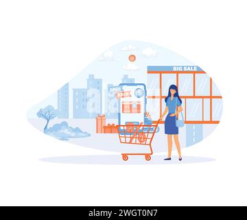 Loyalty program cash back, bonuses. Stack of coins, credit card and mobile phone with start cash back button. flat vector modern illustration Stock Vector