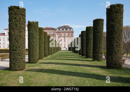 VENARIA REALE, ITALY - MARCH 29 , 2023: Reggia di Venaria castle park with cylindrical hedges, symmetrical view in spring sunlight Stock Photo