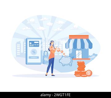 Cash back concept - woman with smart phone, money goes into piggy bank. flat vector modern illustration Stock Vector