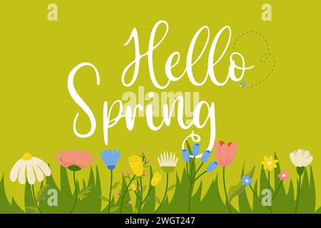 Hello spring, fresh trendy spring season lettering with flowers for greeting card, poster with bee vector Stock Vector