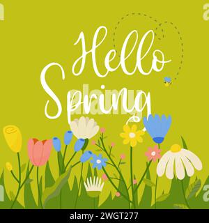Hello spring, fresh trendy spring season lettering with flowers for greeting card, poster with bee vector Stock Vector