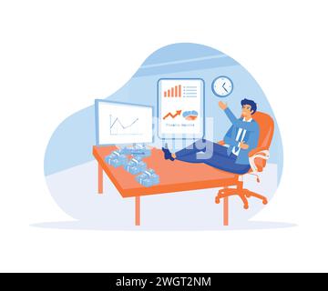 Businessman relaxing in chair working with computer and earning coins. flat vector modern illustration Stock Vector