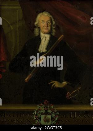 Portrait of Mattheus de Haan, Governor-General of the Dutch East Indies, anonymous (copy after), 1750 - 1800 painting Portrait of Mattheus de Haan (1663-1729). Governor General (1725-29). Standing, halfway, commanda cafe in the right hand, the left hand in the side. Part of a series of copies to portraits of the Governors General of the former Dutch East Indies, probably from the United Oost India Company. Copy to SK-A-3774. Batavia copper (metal). oil paint (paint) Stock Photo