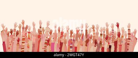Many raised hands and arms of multicultural women. International Women’s day. Equality Allyship.Female social community of diverse culture.Empowerment Stock Vector