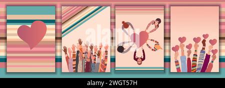 Group of raised hands of multicultural women holding red heart shape. International women's day. Women in a circle. Diversity - inclusion - equality Stock Vector