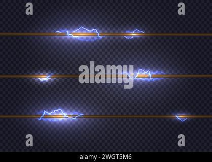 Isolated vector lightning electrical discharges on transparent background. Abstract electric high voltage live wires. Energy glow power fiction vector Stock Vector