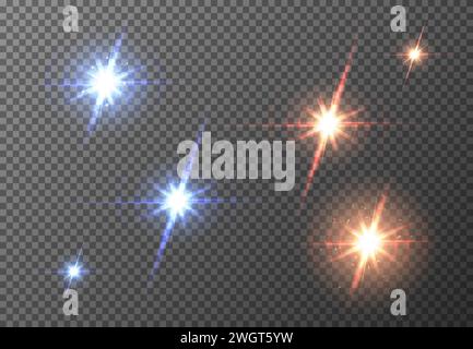 Vector red blue sun lens flare transparent background special light effect. Abstract blur glow glare design. Star rays spotlight. Electric lightning Stock Vector