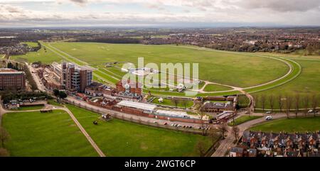 Aerial panorama landscape directly above York Racecourse showing the whole horse racing circuit with grandstand and buildings in the famous Yorkshire Stock Photo