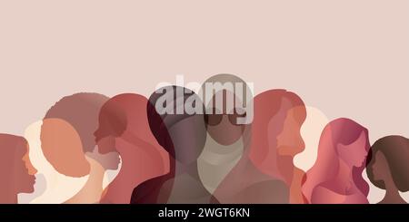 Group silhouette of multicultural women. International women’s day. Diversity - inclusion - equality or empowerment concept. Banner copy space Stock Vector