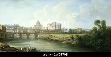 View of the Castel Sant'Angelo in Rome, Pierre Antoine Demachy (attributed to), 1750 - 1800 painting Face in Rome over the Tiber to the Engelenburcht and Sint Pieter. In the foreground figures at a ferry or fishing boat, more back the Ponte S. Angelo.  canvas. oil paint (paint)  prospect of city, town panorama, silhouette of city (+ city(-scape) with figures, staffage). bridge in city across river, canal, etc. Rome. Tiber. Engelenburcht. St. Peter's basilica. Angel bridge Stock Photo