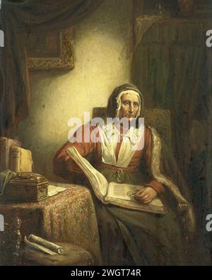 Old Woman Reading, George Gillis Haanen, 1834 painting An old woman sitting in a chair with an open book on her lap. She has just stopped reading and looks straight ahead, with her glasses in the left hand. On the left a table on which a box and a few books. A painting hangs on the wall, behind a curtain.  panel. oil paint (paint)  reading. book - MM - book open. old woman Stock Photo