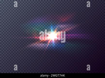 Vector red front sun lens flare transparent special light effect. Abstract in motion flare blur glow glare. Isolated transparent background design Stock Vector