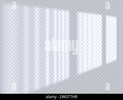 Realistic long shadow overlay effect of window isolated on transparent background. Abstract silhouette soft blurry shadow of vertical blinds on wall Stock Vector