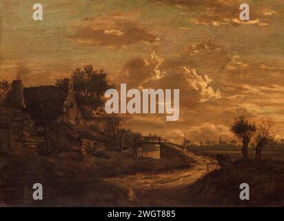 Landscape at Sunset, Rafel Govertsz Camphuijsen, c. 1654 - c. 1657 painting Landscape at sunset. A country road leads over a bridge to a farm. A village in the distance.  panel. oil paint (paint)  farm or solitary house in landscape. sunset Stock Photo
