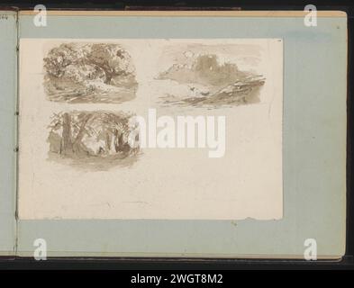 Two forest landscapes and a hilly landscape with a ruin, 1864 - c. 1865  Loose drawing with the number 44 behind the front bract of a sketchbook with 44 sheets.  paper. watercolor (paint). pencil brush forest, wood. low hill country Stock Photo