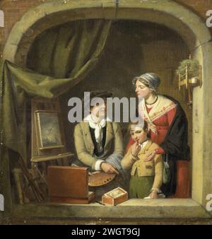 'Becoming A Painter', Jean-Baptiste Van Eycken (1800-1861), 1825-1827 painting Show entitled 'become a painter'. A woman brings her son to a painter to be trained as a painter. The painter sits in front of his donkey on which a painting of a seascape stands, palette and brushes in his hand. The action is presented in a window, on the frame is a painting box. On the right against the wall a bird cage.  panel. oil paint (paint)  painter training pupils Stock Photo