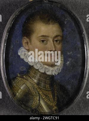 Don Juan van Austria (1547-1578). Governor of the Netherlands, Anonymous, 1560 - 1580 miniature (painting) Portrait of Don Juan van Austria (1547-1578). Governor of the Netherlands. Bust, to the right, prospective, in armor. Part of the portrait miniatures collection. Southern Netherlands copper (metal). oil paint (paint). glass Stock Photo