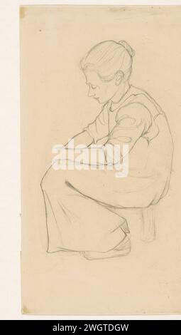 Cow's ramp, Jan Mankes, 1914 print A woman sits on a stool in a meadow ...