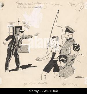 Man shouts at three boys, in or before 1933 drawing A man on clogs and with a cap stands for a building and points and shouts at three boys. One of the boys has a whip in hand. With the boys there is a man with a cap in a jacket with buttons. He puts his hand on the boy's shoulder with the whip.  paper. India ink (ink). deck paint. pencil pen / brush aggressive relationships, enmity, animosity. index finger forwards, pointing, indicating. laying the hand on another person's shoulder Stock Photo