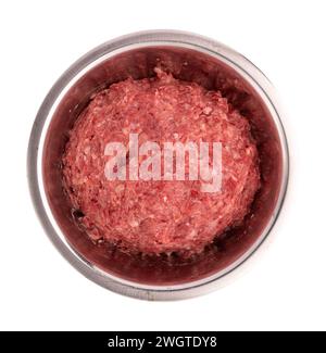 raw fresh minced meat in bowl, pork, beef or mixed forcemeat isolated on white background with clipping path, meat is ready to cook lasagna or meatbal Stock Photo