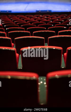 back view of empty red velvet seats in movie theater Stock Photo - Alamy