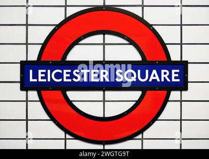 Leicester Square Underground Station Sign. London, United Kingdom Stock Photo