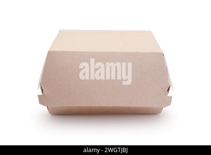 New cardboard closed burger box isolated on white. Stock Photo