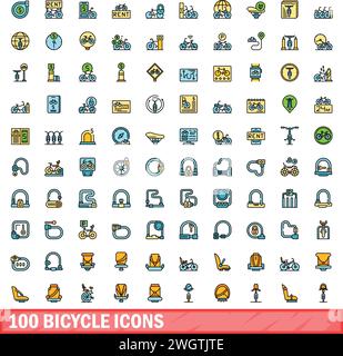 100 bicycle icons set. Color line set of bicycle vector icons thin line color flat on white Stock Vector