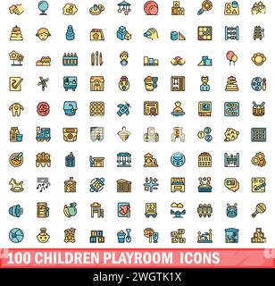 100 children playroom icons set. Color line set of children playroom vector icons thin line color flat on white Stock Vector