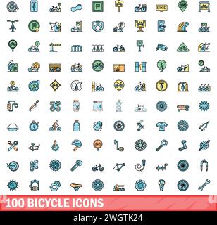 100 bicycle icons set. Color line set of bicycle vector icons thin line color flat on white Stock Vector