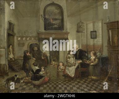 Sint Nicolaasfeest, anonymous, 1700 - 1899 painting Interior in which a family celebrates the Sint Nicolaas party. On the right the mother is sitting on their lap with a child with two other children. On the left in front of the father is a crying boy. An older daughter is sitting on the floor with a doll. In the background a fireplace above which a painting hangs. On the right a sideboard against which two pump sticks are leaned. Left front a dog and a cat, a bird cage hangs on the ceiling. Holland canvas. oil paint (paint)  festivities on St. Nicholas (Eve) (December 5). communal rooms Stock Photo