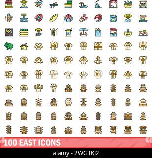 100 east icons set. Color line set of east vector icons thin line color flat on white Stock Vector