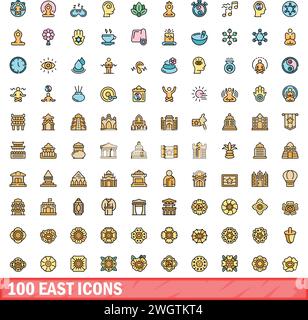100 east icons set. Color line set of east vector icons thin line color flat on white Stock Vector